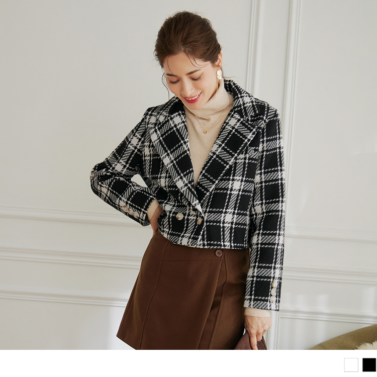 OB 翻領格紋短版長袖針織西裝外套 OBEA3592 FW23
