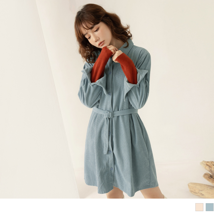 OB 燈芯絨翻領開襟三穿式長版上衣(附腰帶) OBAB19185 FW23
