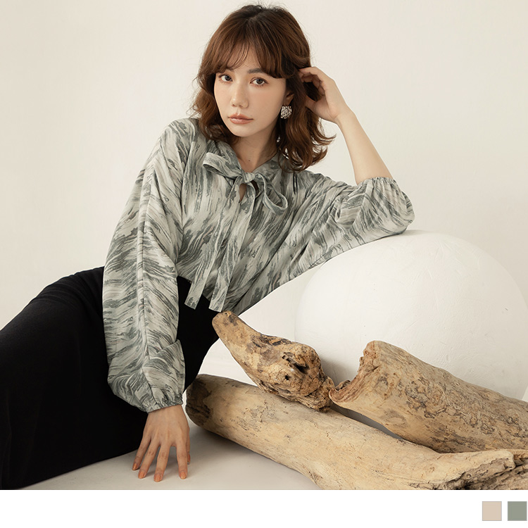 OB 不易皺連袖印花綁結上衣 OBAB19199 FW23