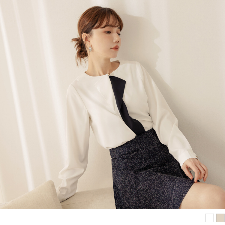 OB 不易皺V領荷葉邊長袖上衣 OBAB19227 FW23