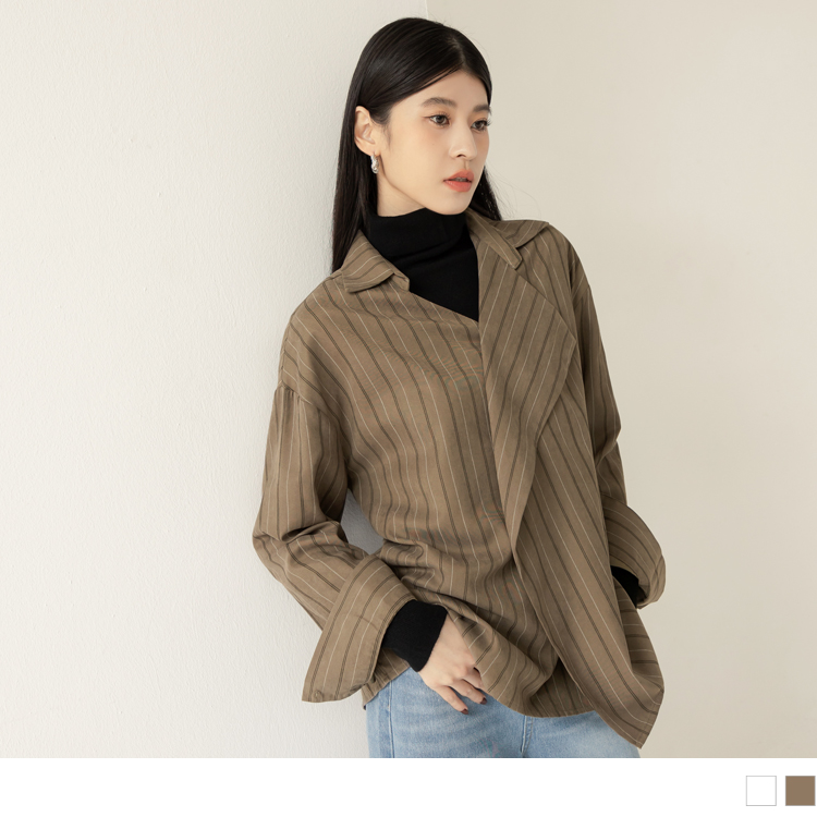 OB 造型翻領條紋絨面感長袖寬版上衣 OBAB19226 FW23