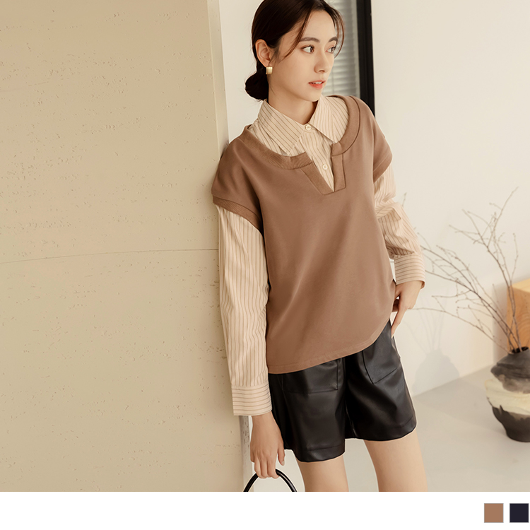 OB 假兩件拼接翻領條紋寬鬆長袖上衣 OBAB19132 FW23