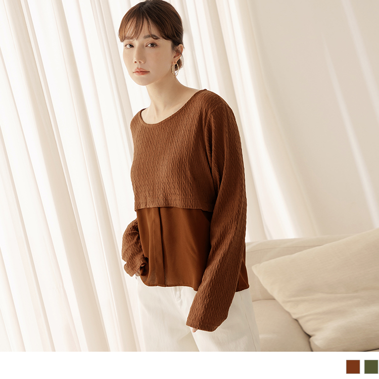 OB 假兩件不易皺立體紋理長袖上衣 OBAB19153 FW23