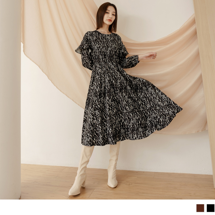 OB 圓領荷葉袖收腰印花長連身裙 OBDA9962 FW23