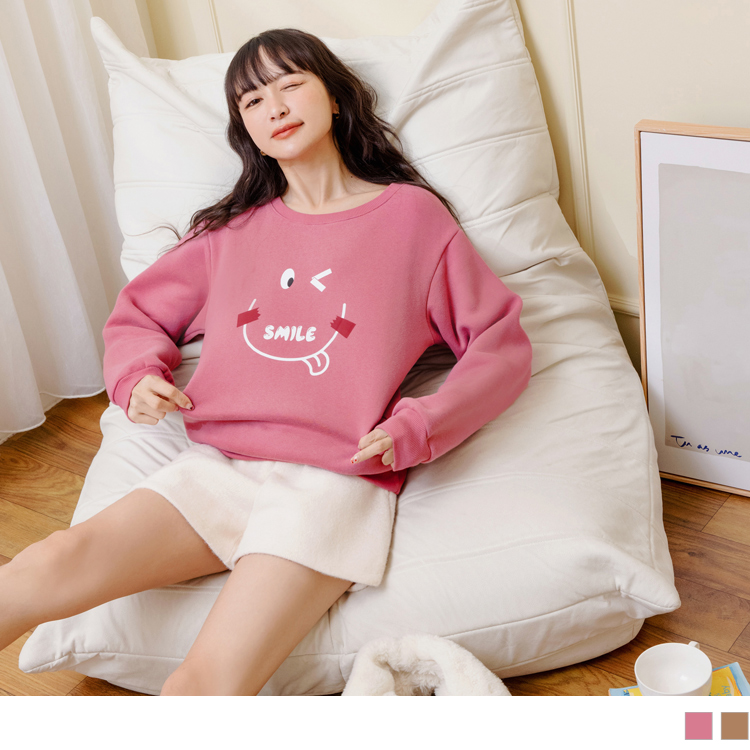 OB 笑臉印圖內刷毛大學TEE/衛衣 OBAB19138 FW23