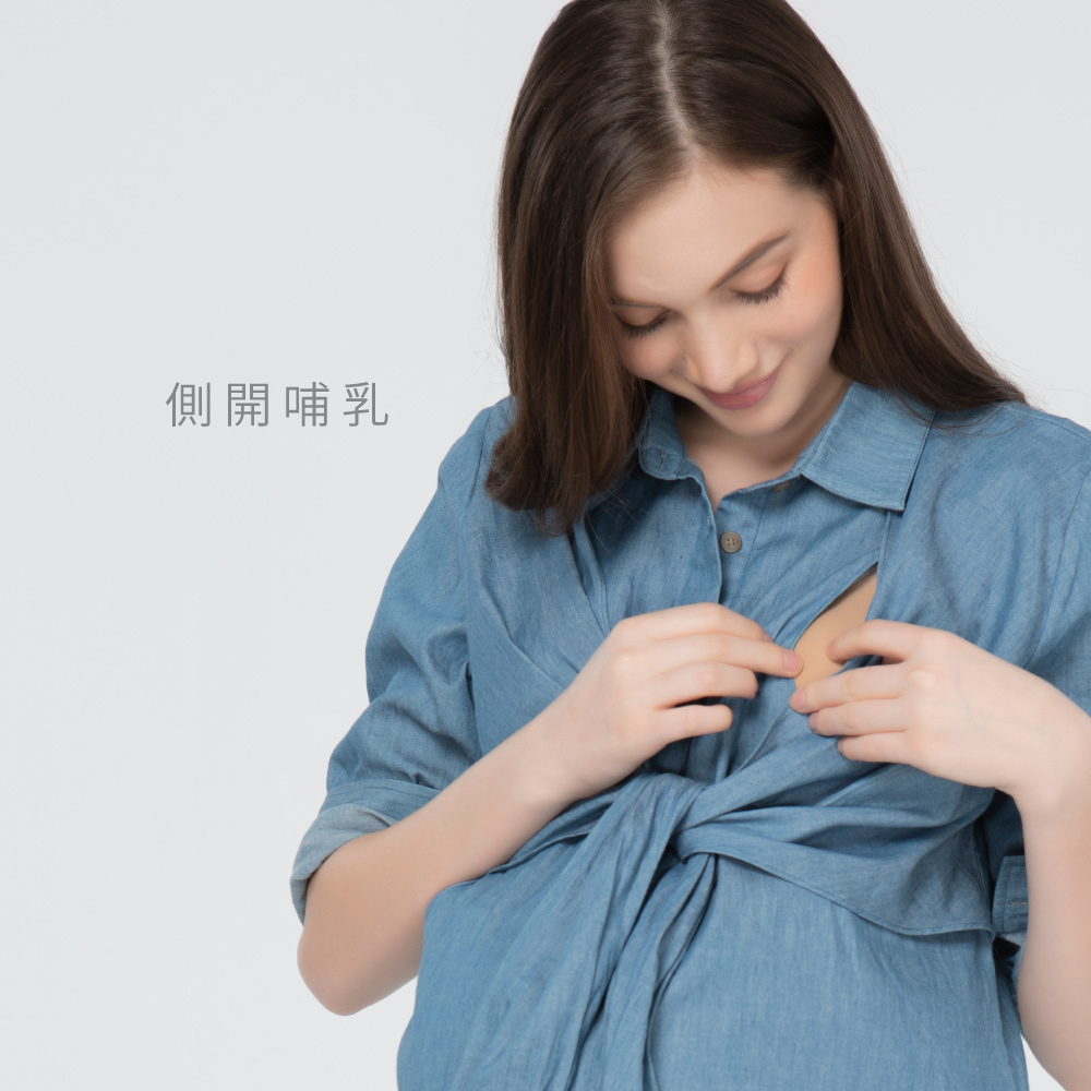 Gennies 奇妮 多穿法丹寧風哺乳洋裝-藍_3
