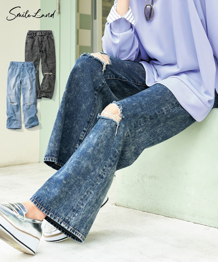 nissen 100%純棉破損加工寬直筒牛仔褲(臀部寬鬆) (日本女裝大尺碼) NSBML0323A0001 FW23