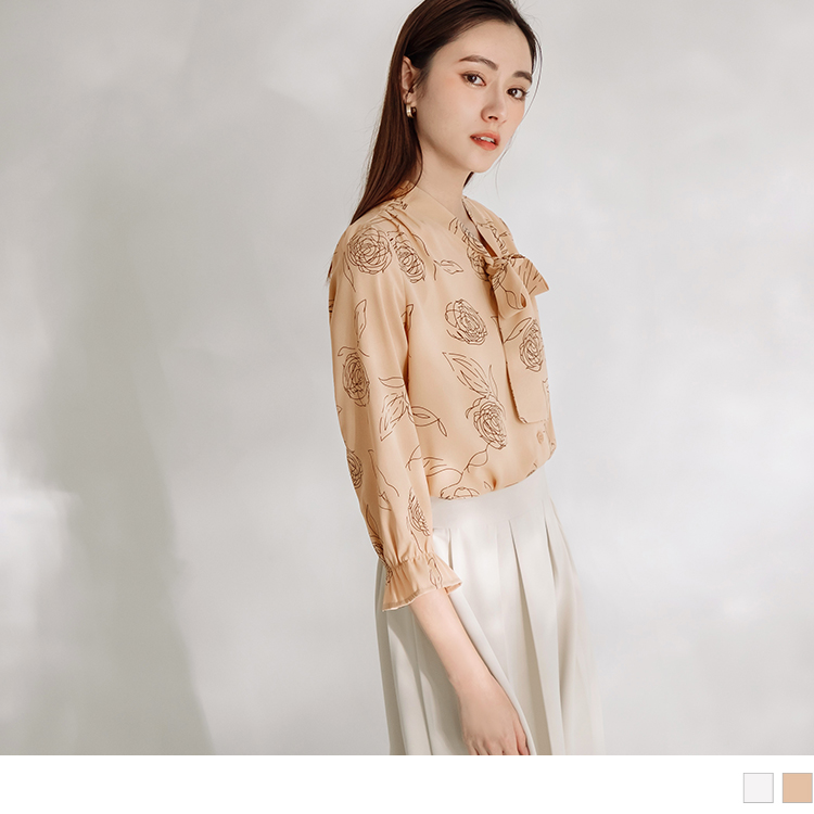OB 玫瑰印花造型綁帶荷葉袖上衣 OBAB19294 SS24