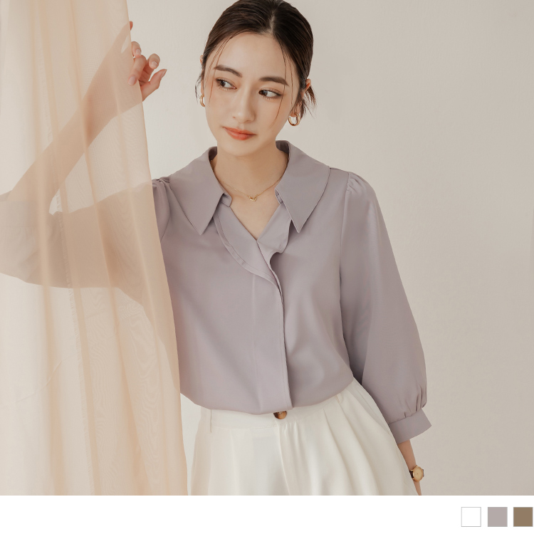 OB 不易皺拋袖翻領荷葉邊上衣 OBAB19316 SS24