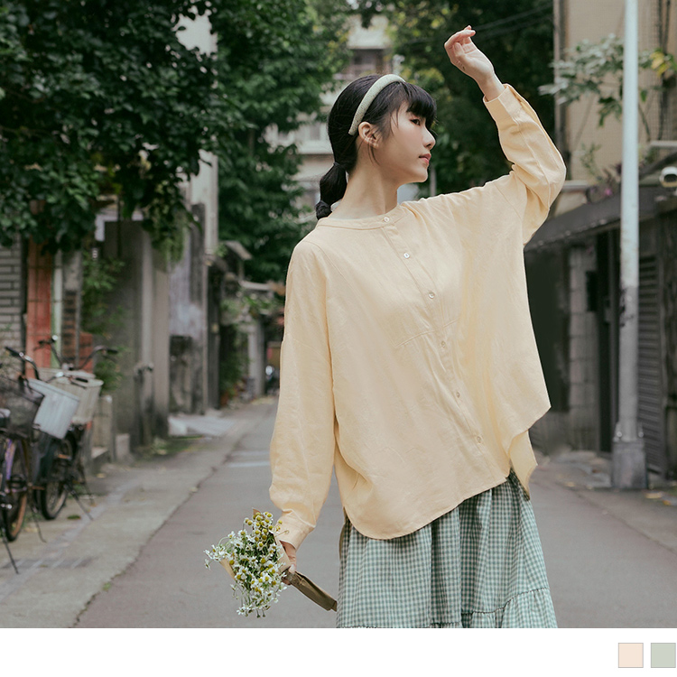 OB 立體織紋中山領前短後長貝殼排扣寬鬆襯衫 OBAB19254 SS24