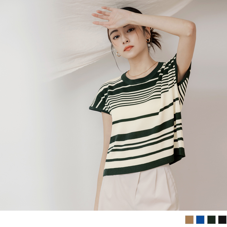 OB 圓領條紋針織落肩短袖上衣 OBFA2928 SS24