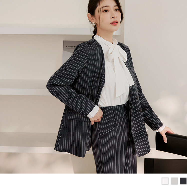 OB 職場OL．條紋V領長袖寬鬆套裝西裝外套 OBEA3607 SS24