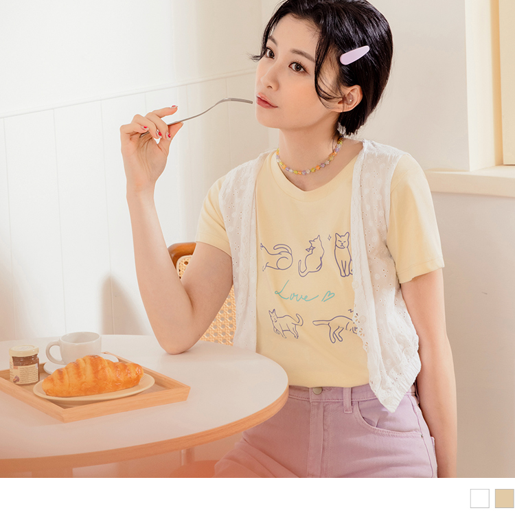 OB 純棉手繪貓咪印花短袖TEE OBAB19368 SS24