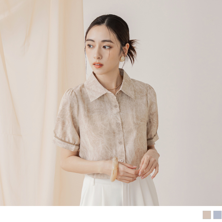 OB 不易皺印花翻領開襟拋袖上衣 OBAB19262 SS24