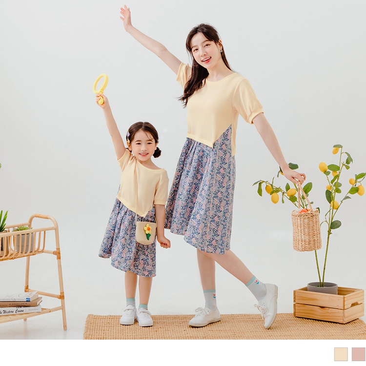 OB 小碎花拼接坑條泡泡袖連身裙-親子款(童) OBQD0025 SS24