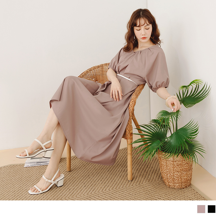 OB 細緻柔滑素色兩面穿腰帶泡泡袖連身裙 OBDA10009 SS24