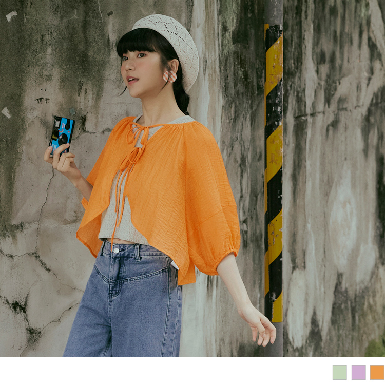 OB 微透膚雙綁帶泡泡袖短版上衣 OBEA3621 SS24