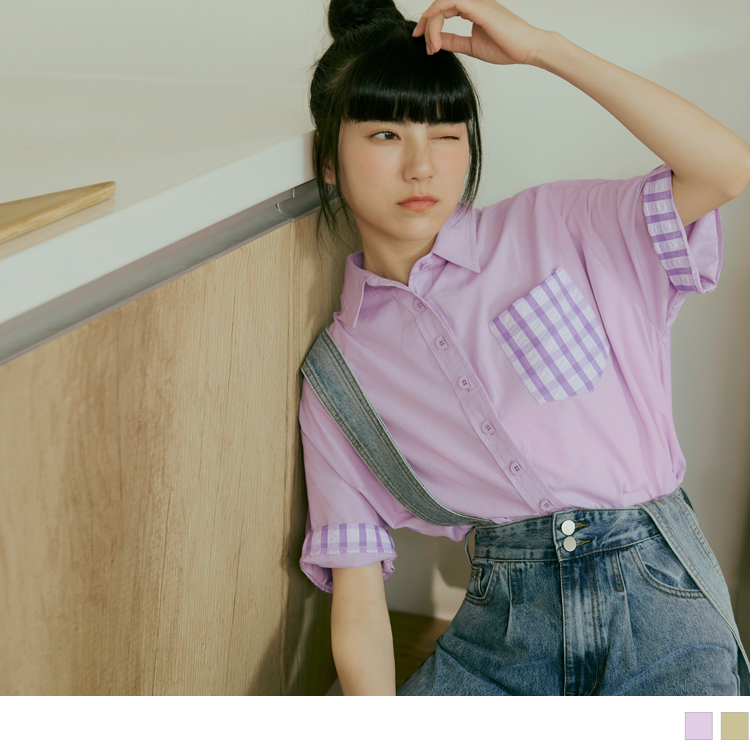 OB 純棉翻領拼接格紋造型鈕扣開襟上衣 OBAB19354 SS24