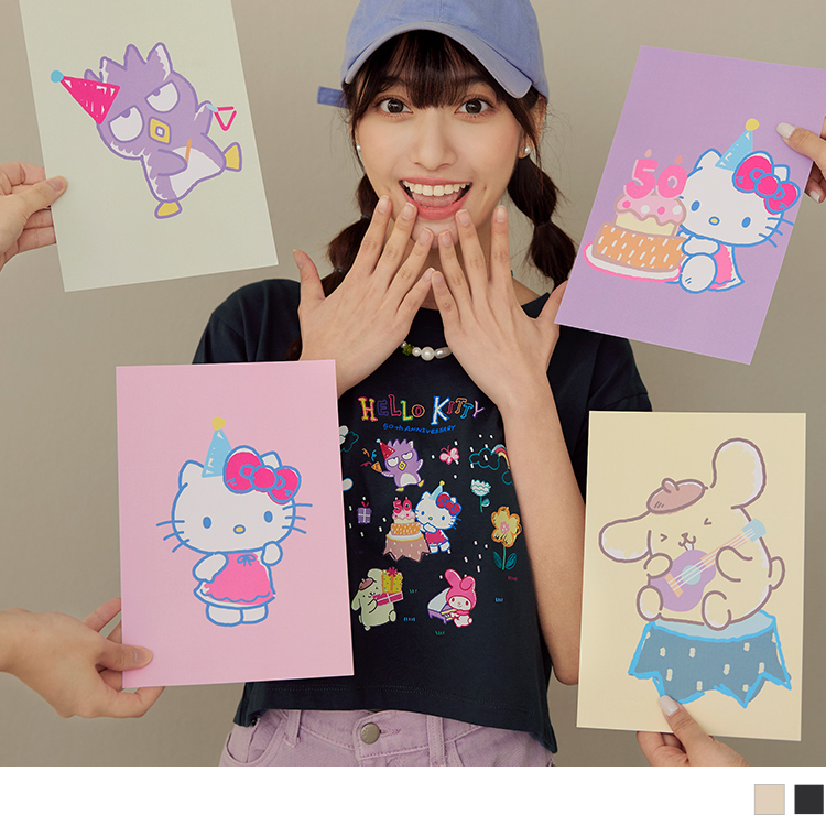 OB KITTY 50週年．純棉家族慶祝印花短版TEE OBIK0028 SS24