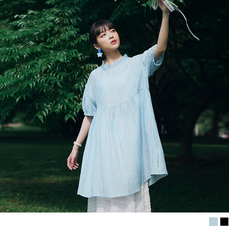 OB 微透感立體壓紋荷葉立領泡泡袖上衣 OBDA10018 SS24