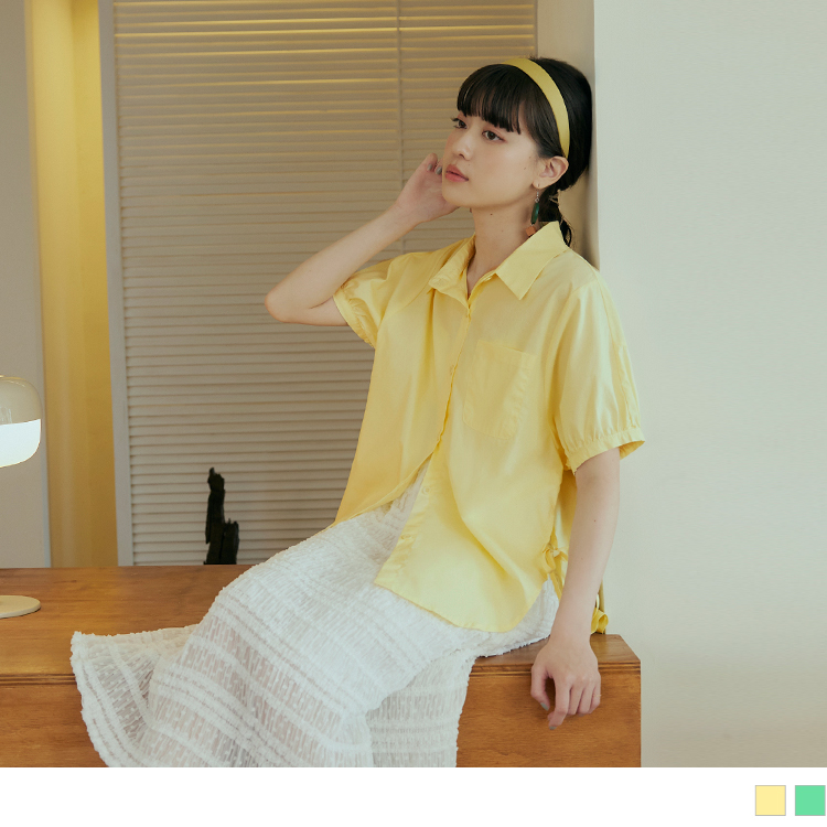 OB 純棉側開衩綁帶泡泡袖襯衫上衣 OBAB19358 SS24