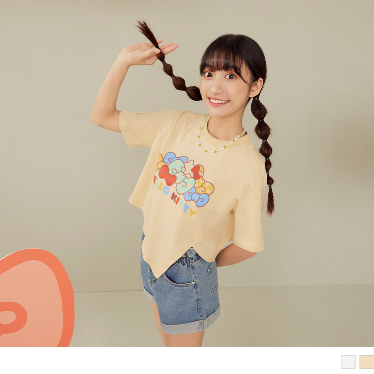 OB KITTY 蝴蝶結．純棉全彩印花斜角拼接短TEE(代購) OBIK0040 SS24