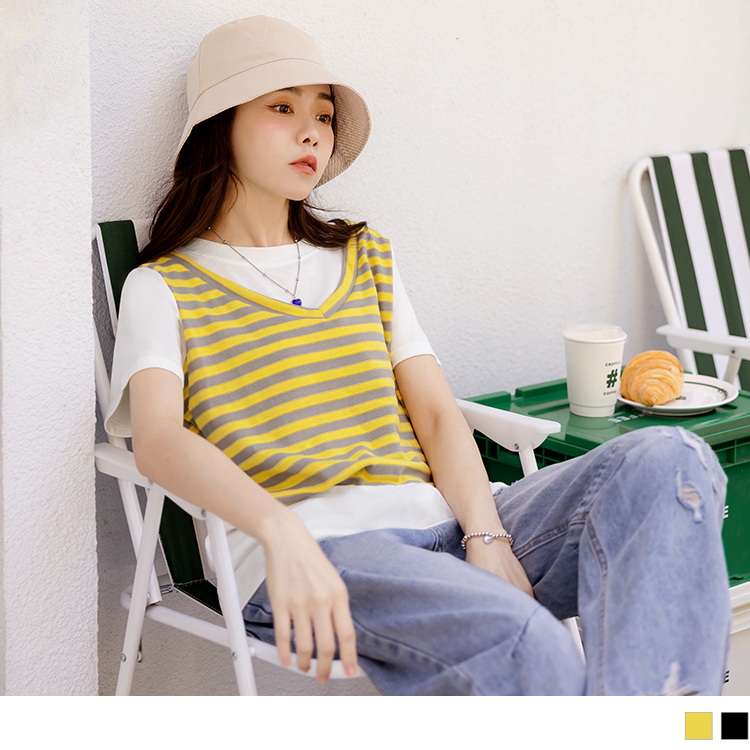 OB 假兩件拼接條紋寬鬆上衣 OBAB19501 SS24