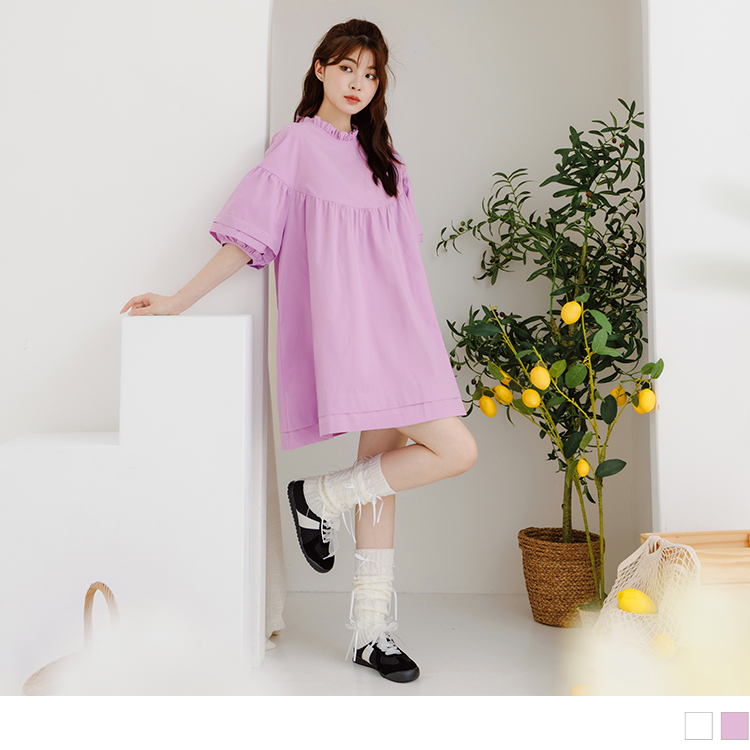 OB 寬版素色荷葉領抽皺蝴蝶結短連身裙 OBDA10038 SS24