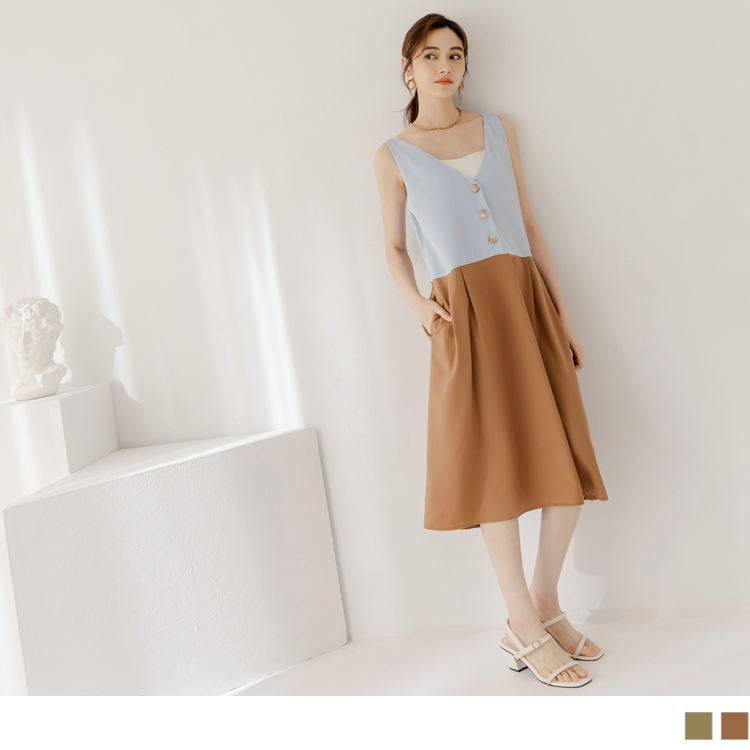 OB 細膩撞色拼接V領無袖連身裙 OBDA10043 SS24