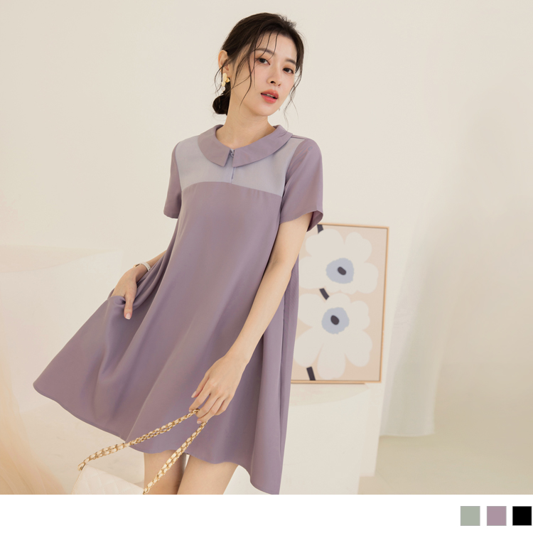 OB 異材質拼接翻領傘襬短連身裙 OBDA10048 SS24