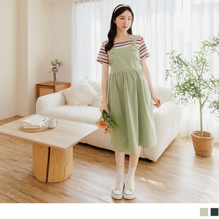 OB 純棉條紋假兩件吊帶哺乳孕婦連身裙 OBMD0016 SS24