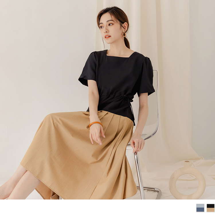 OB 撞色拼接方領腰抽繩泡泡袖連身裙 OBDA10096 SS24