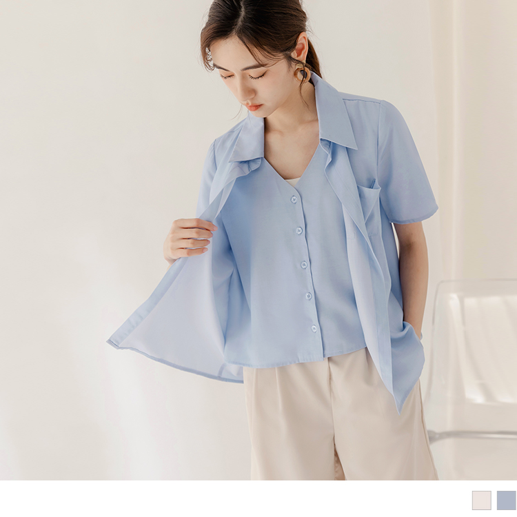 OB 假兩件素色V領開襟短袖襯衫上衣 OBAB19392 SS24