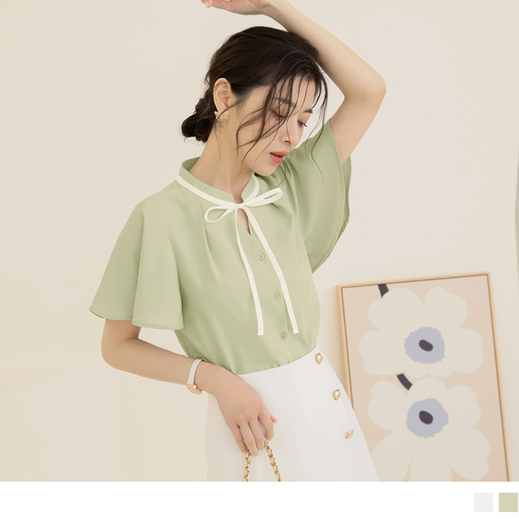 OB 小V領撞色綁帶荷葉袖開襟上衣 OBAB19415 SS24