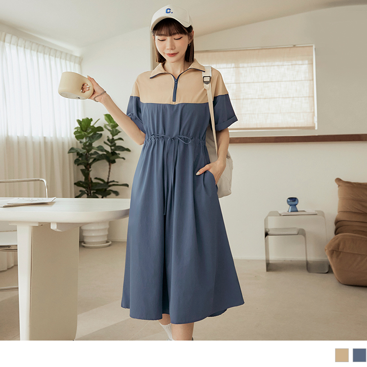 OB 撞色拼接拉鍊翻領腰綁帶短袖連身裙 OBDA10035 SS24