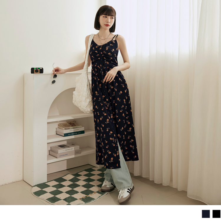 OB 印花雪紡V領排釦雙肩帶無袖長連身裙 OBDA10119 SS24