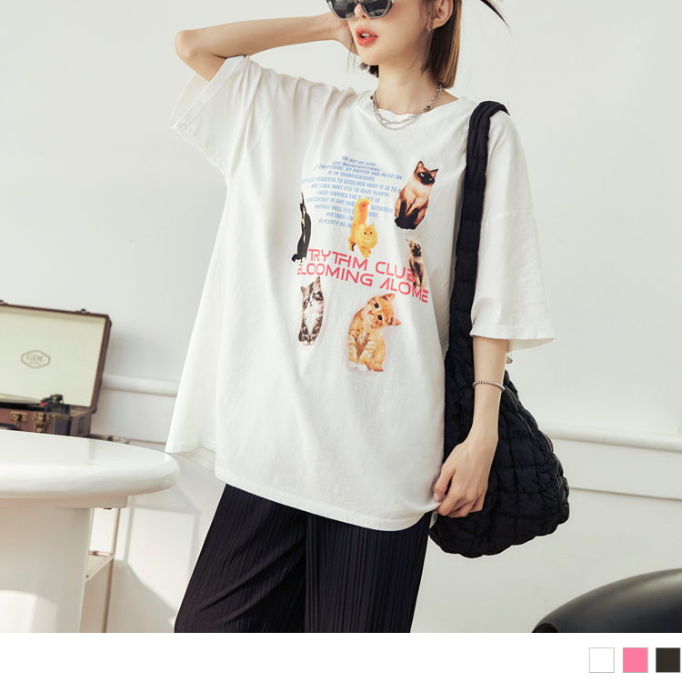 OB 親膚棉質貓咪印花寬鬆Tee OBAB19651 SS24