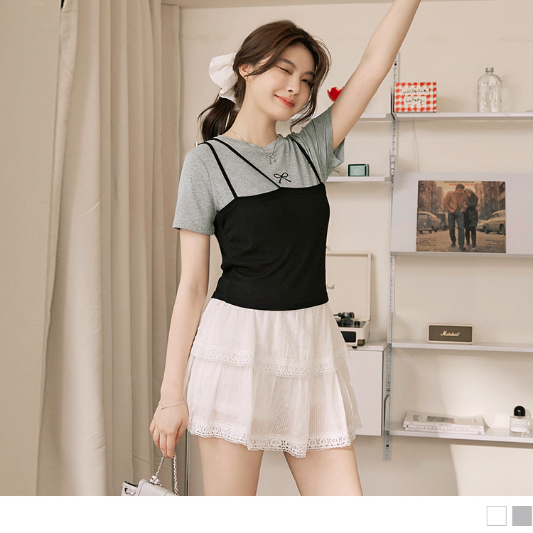 OB 真兩件蝴蝶結印花細肩帶背心短版TEE OBAB19598 SS24