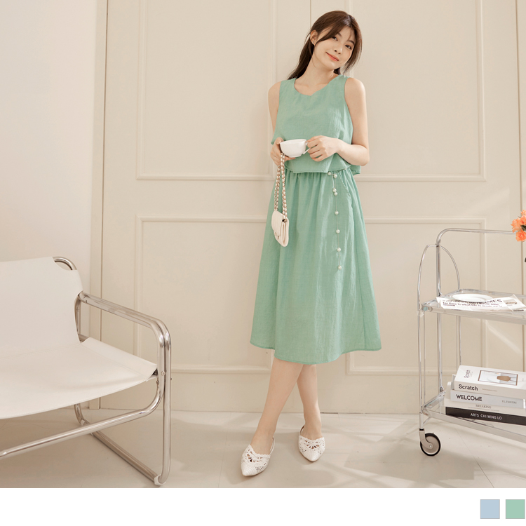 OB 假兩件棉麻腰鬆緊無袖長連身裙 OBDA10114 SS24