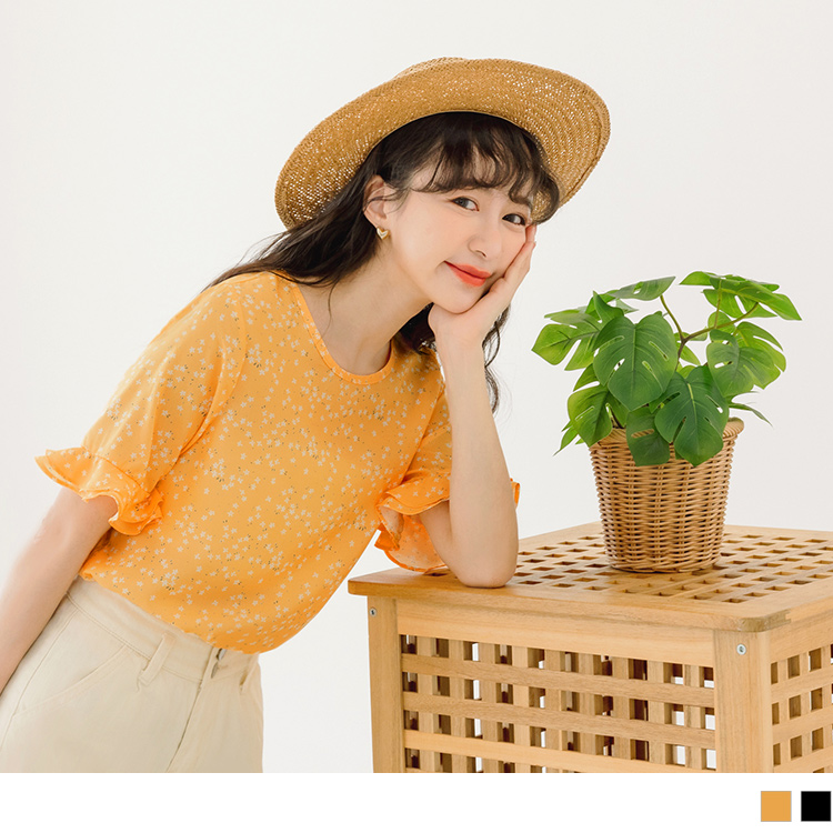 OB 清新碎花雪紡不易皺荷葉五分袖上衣 OBAB18311 SS24