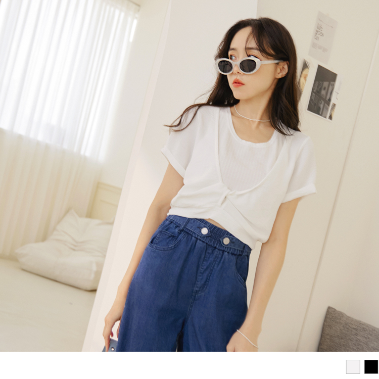 OB 假兩件棉質素色扭結短袖短版上衣 OBAB18805 SS24