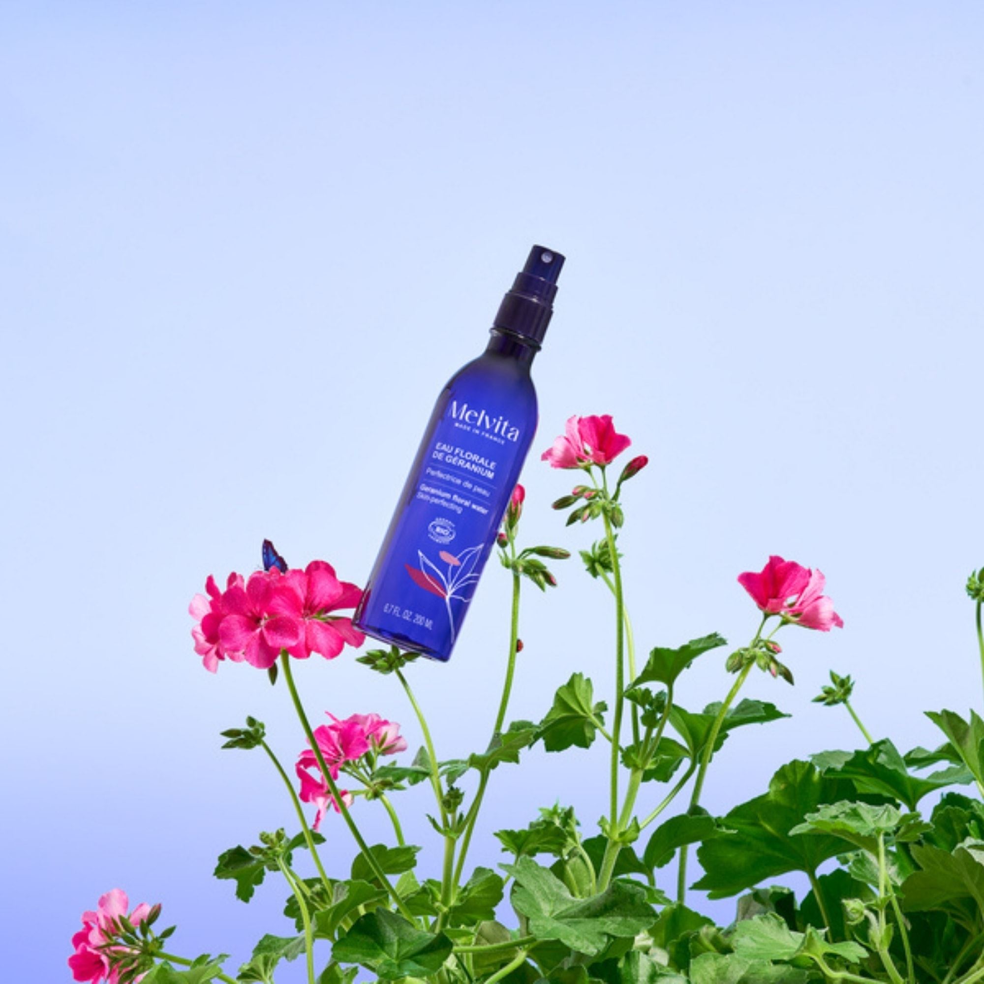 Melvita's organic mist with flower representing its organic ingredient
