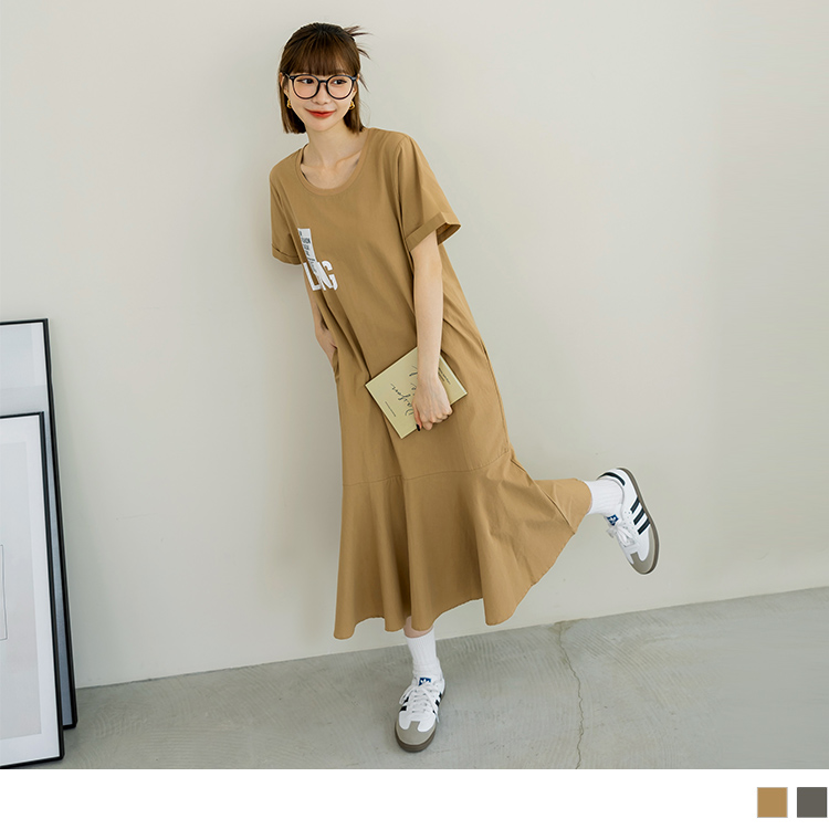 OB 純棉字母印花反摺短袖魚尾長連身裙 OBDA10171 SS24
