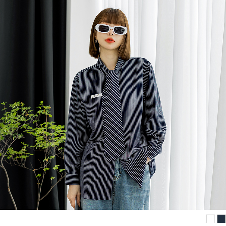 OB 不易皺直條紋領帶綁結長版襯衫 OBAB19617 FW24