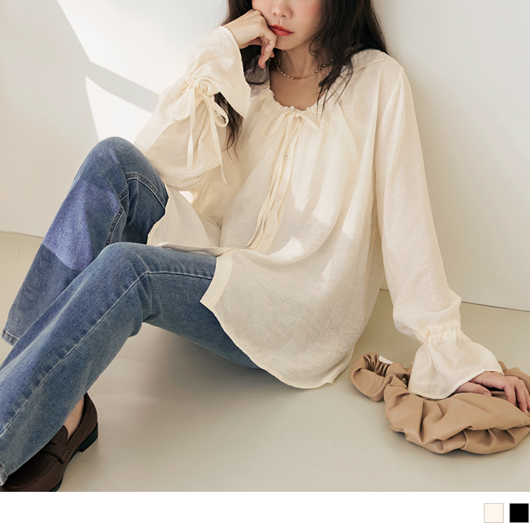 OB 微透膚翻領綁帶喇叭袖上衣 OBAB19741 FW24