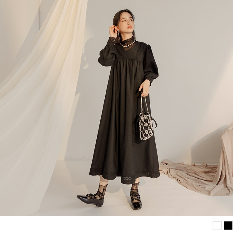 OB 蕾絲拼接V領寬鬆棉麻連身裙 OBDA10173 FW24
