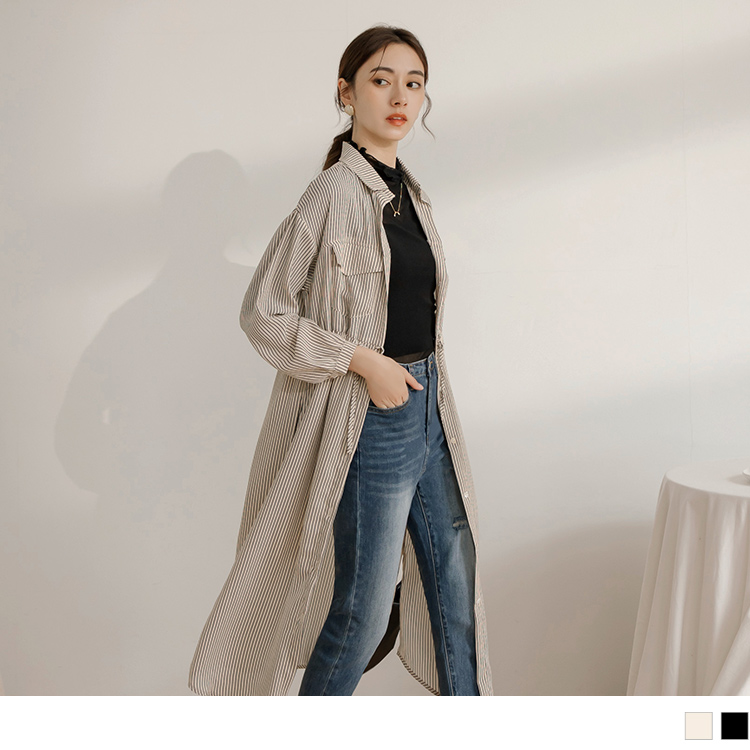 OB 條紋襯衫領腰抽繩長袖外套/連身裙 OBDA10140 FW24