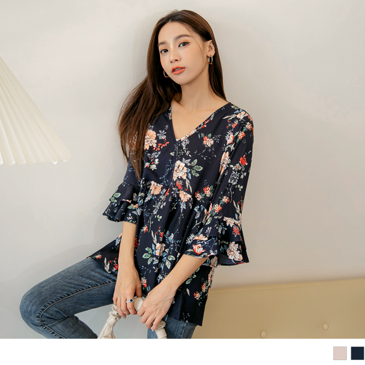 OB V領花卉印花荷葉袖修身雪紡上衣 OBAB7931 FW24