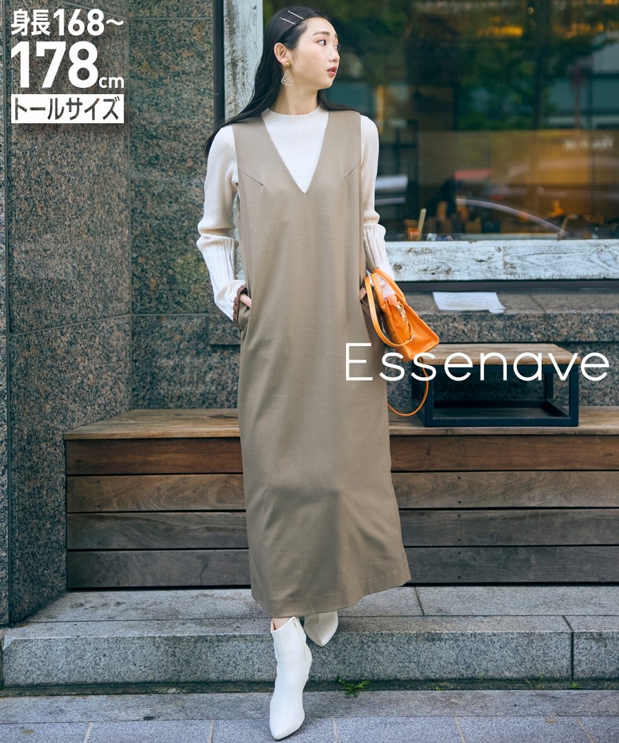nissen [高挑尺寸]深V領I字型後拉鏈無袖連身帶裙(Essenave) (日本女裝大尺碼) NSVCY0124D0011 FW24