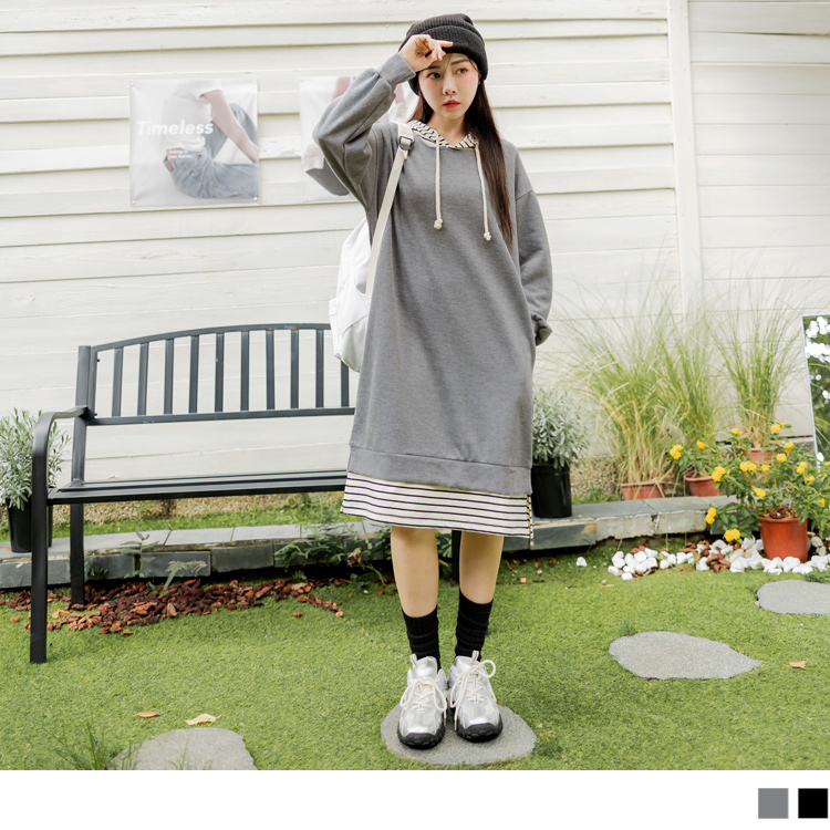 OB 假兩件橫條紋拼接連帽連身裙 OBDA10190 FW24